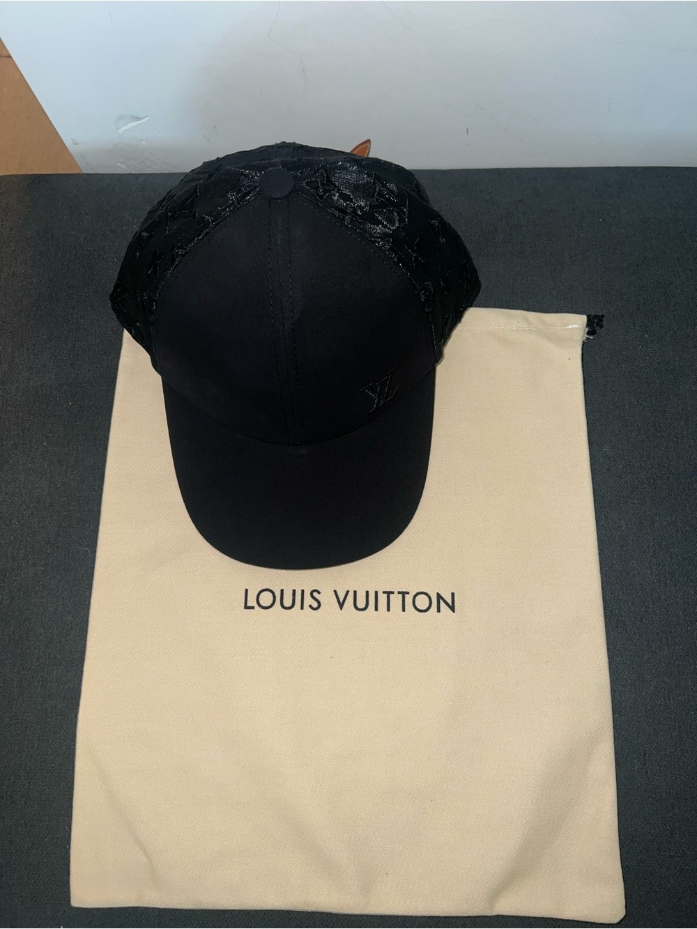 Louis Vuitton Black and Orange Monogram Cap with Gold Buckle